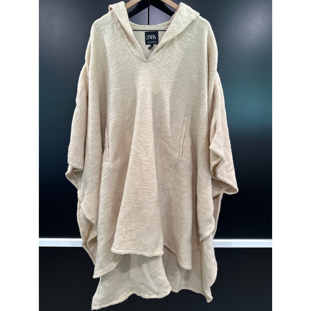 Zara Women Oversized Beige Hooded Poncho Wool Blend Cape Sweater Medium